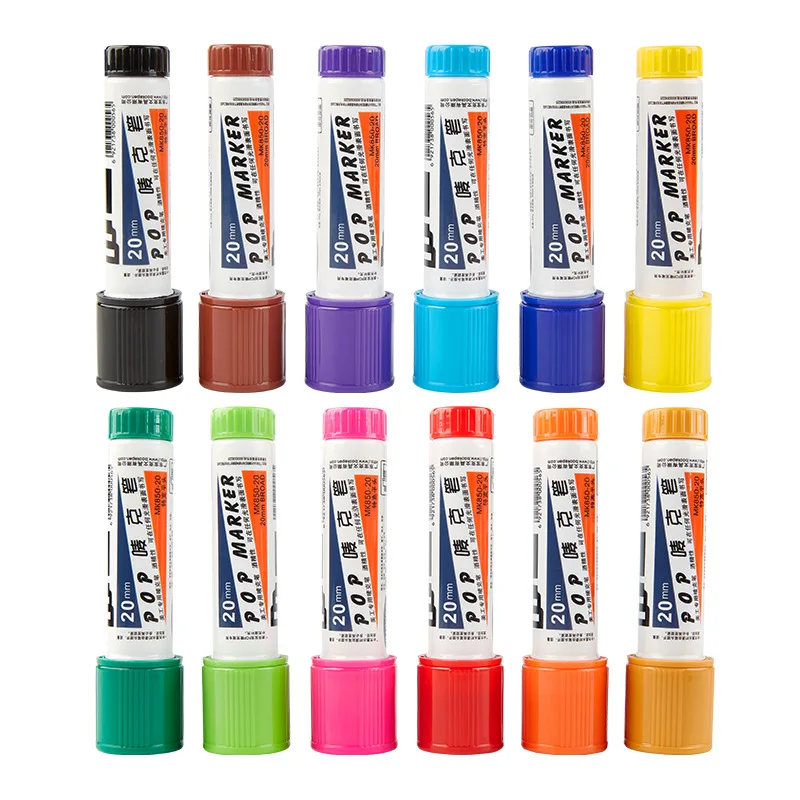 12-Color POP Marker Set Waterproof 20mm Tip Refillable Hand-Painted Poster Marker