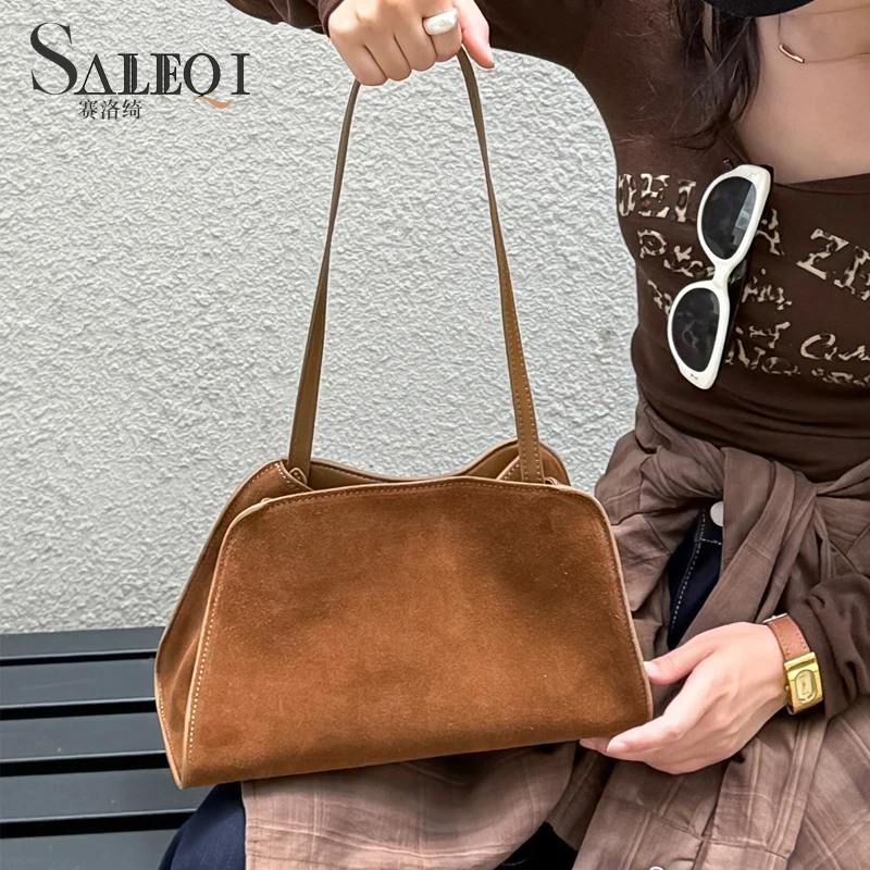 

Women's Luxury Designer Brand Clip Tote Matte Suede Leather Geuine Grade Nubuckcowhide Female Armpit Shoulder Bag High-end New