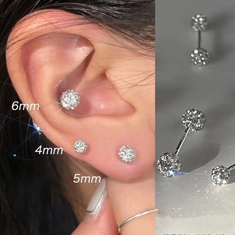 

1 Pair Shiny Crystal Ball Earrings 4/5/6MM Zircon Bead Stud Earrings Women Luxury Party Cartilage Helix Piercing Jewelry