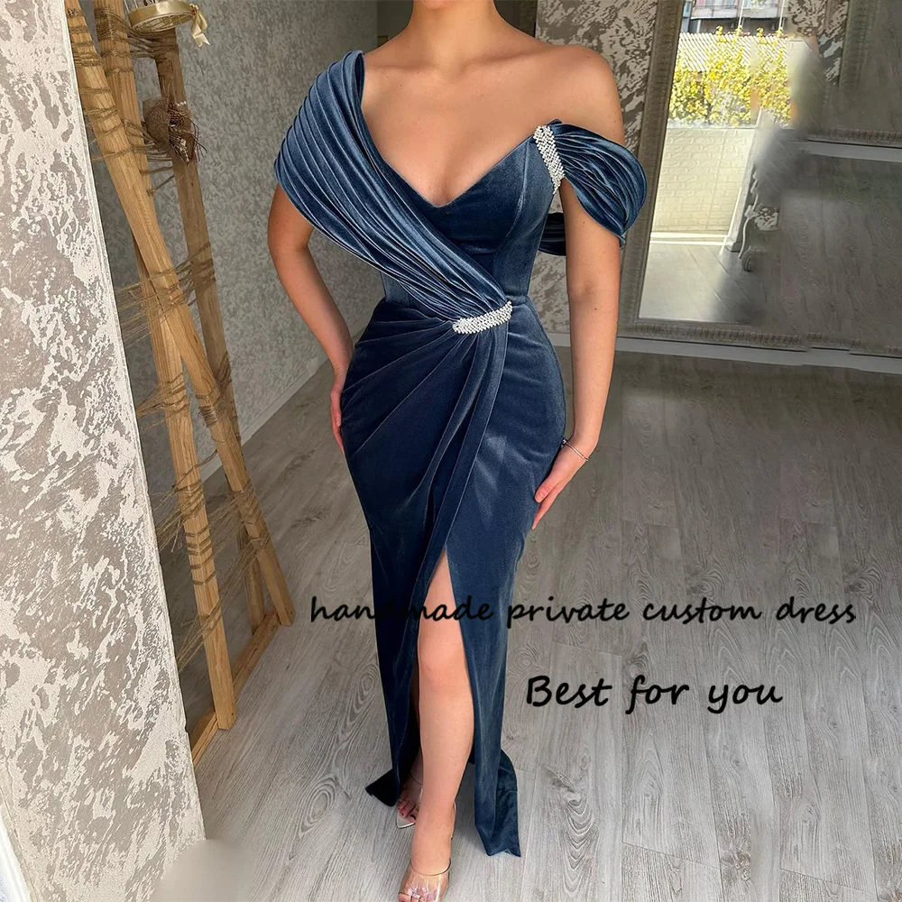 

Blue Velvet Mermaid Evening Party Dresses with Slit Off Shoulder Sexy Bodycon Prom Dress Floor Length Womens Formal Gala Gowns