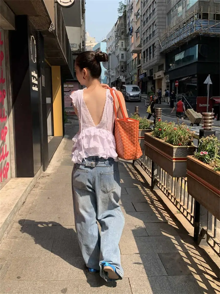 Korean Sle Pure Desire V-Ne Women's Top Summer New Bal Irregular Lace Svel Vest Ins Faion Commute Sle Slim...