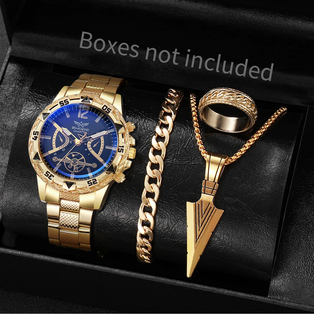 4 ピース/セット高級メンズクォーツ時計ファッションラージダイヤルメンズビジネス腕時計ジュエリーセットリロイ Hombre (箱なし)