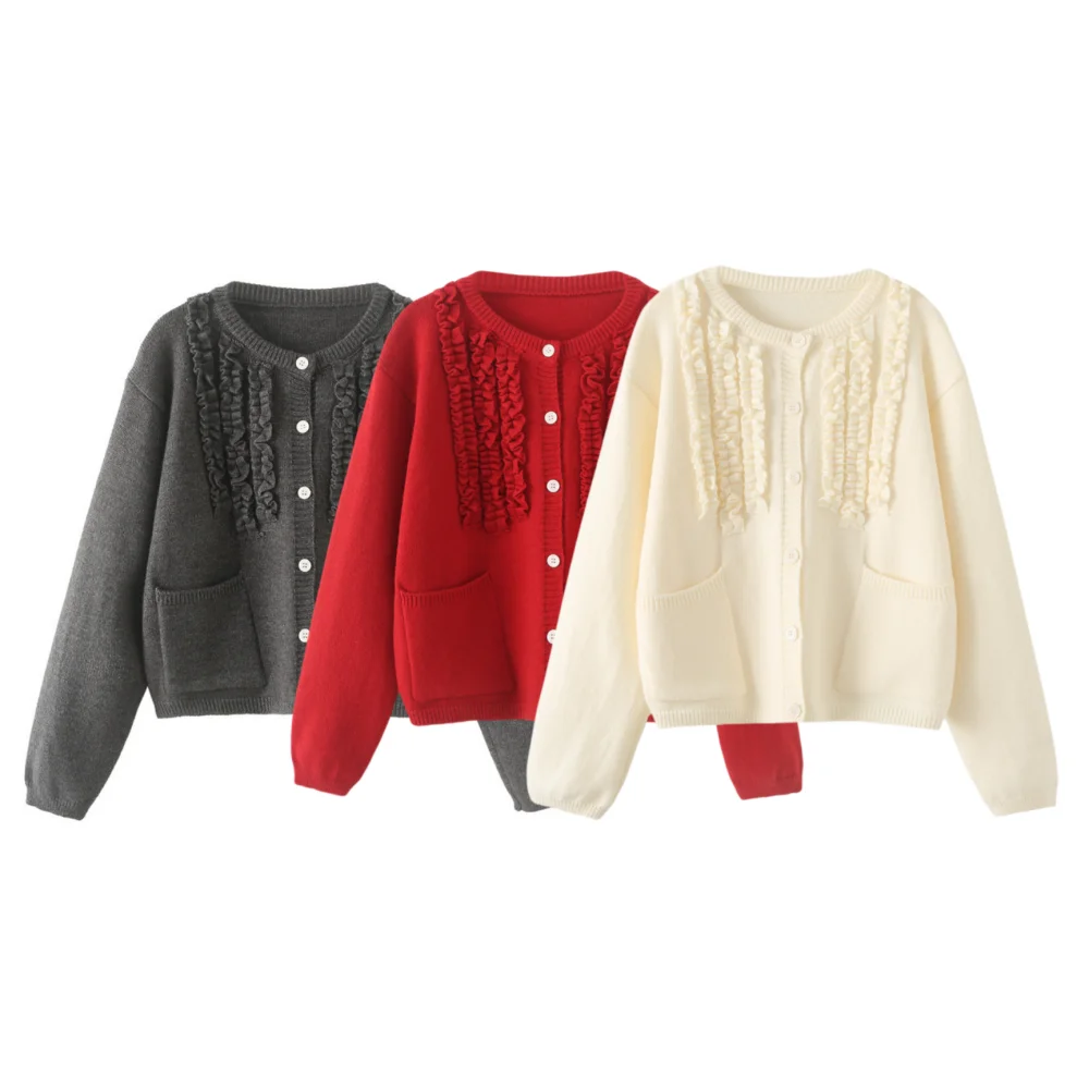 

PB&ZA autumn new women's clothing 2024 round neck versatile slimming wave lace pocket decoration knitted cardigan