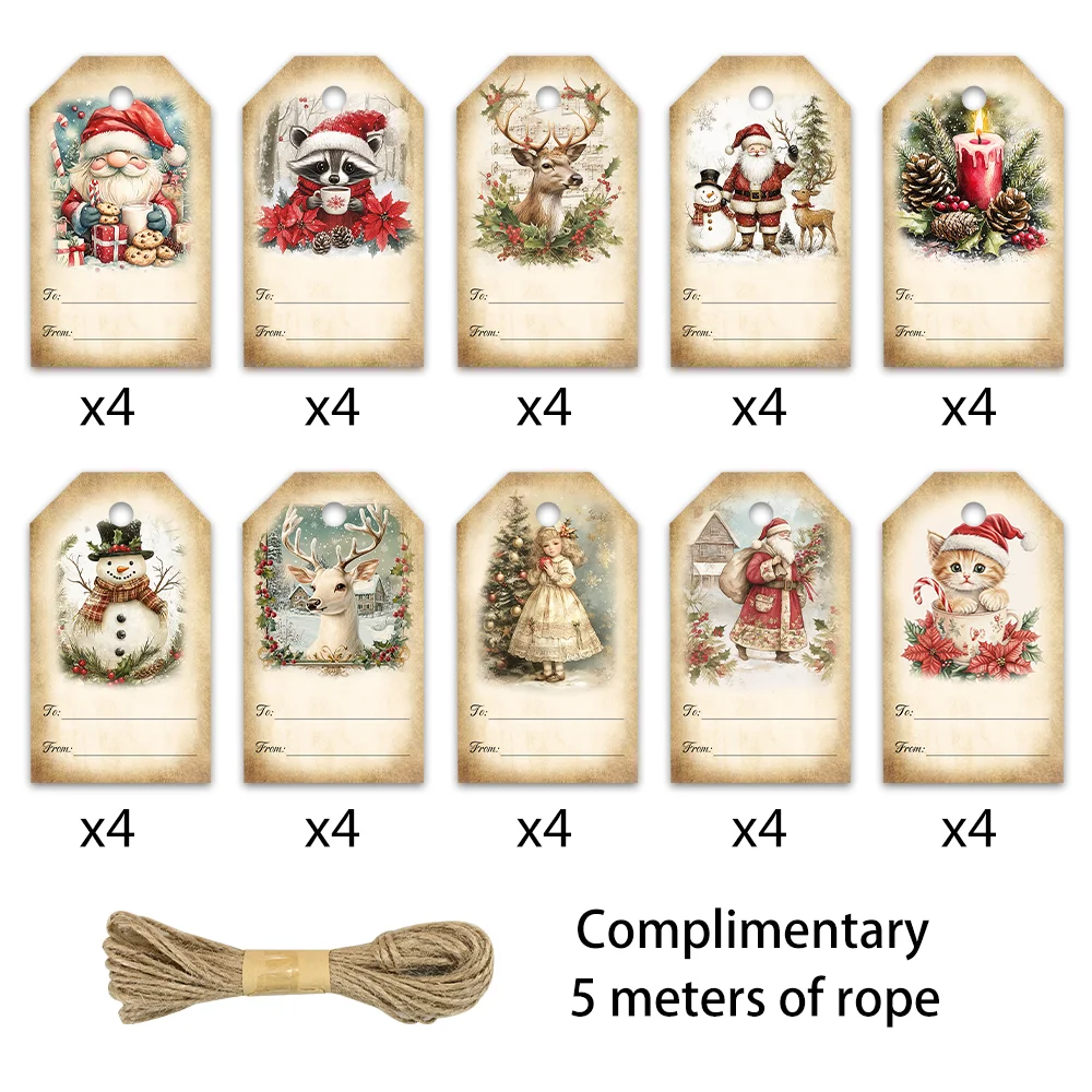 40 ชิ้น, ป้ายคริสต์มาส, ป้ายของขวัญ, ของตกแต่งงานปาร์ตี้, DIY, ของประดับตกแต่งบรรจุภัณฑ์, การ์ดอวยพร, การ์ดงานปาร์ตี้, เชือกป่าน