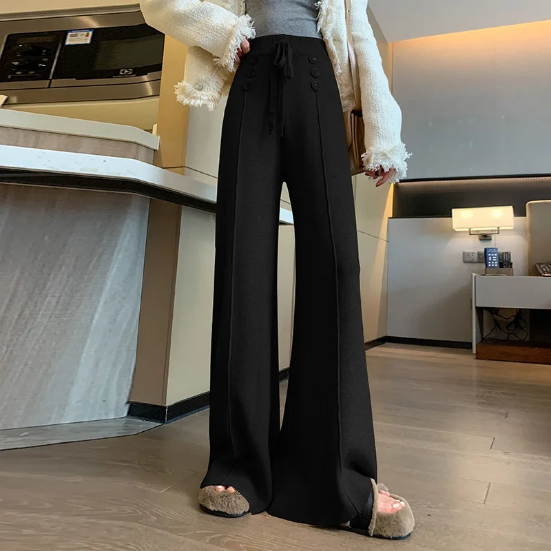 Fashion Women Tassel Knitting Pants Wide Leg Pants Wool High Waist Straight Pants Casual Loose Soft Drawstring Trousers