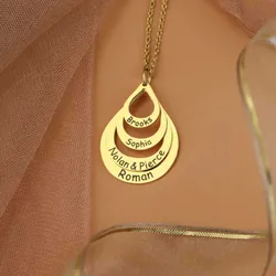 Personalized Water Drop Necklace Stainless Steel Custom Family Names 4 Layered Heart Charms Waterdrop Pendants Gift for Women