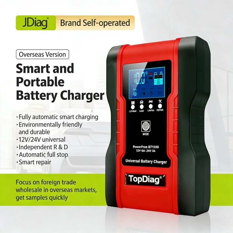 TopDiag BT1000 12V/24V Automatic Smart Battery Charger Maintainer 7-Stage for Car Motorcycle Lead-Acid LiFePO4 Lithium Battery