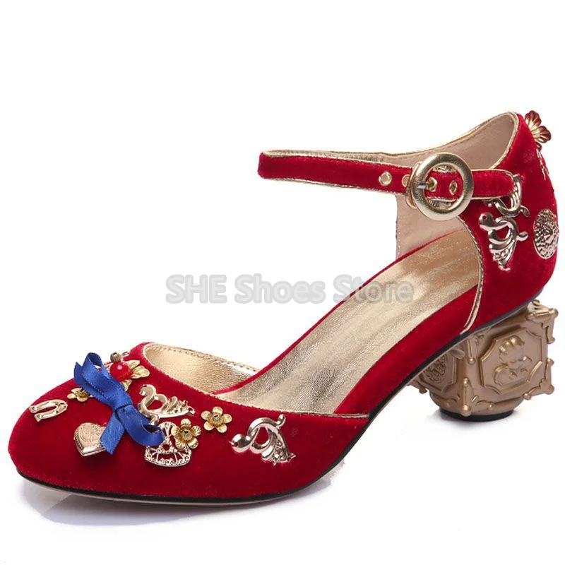 Chinese Retro Carved Flowers Decor Women Mary Janes Pumps Fashion Deign Strange Heel Round Toe Buckle Strap Ladies Sandals