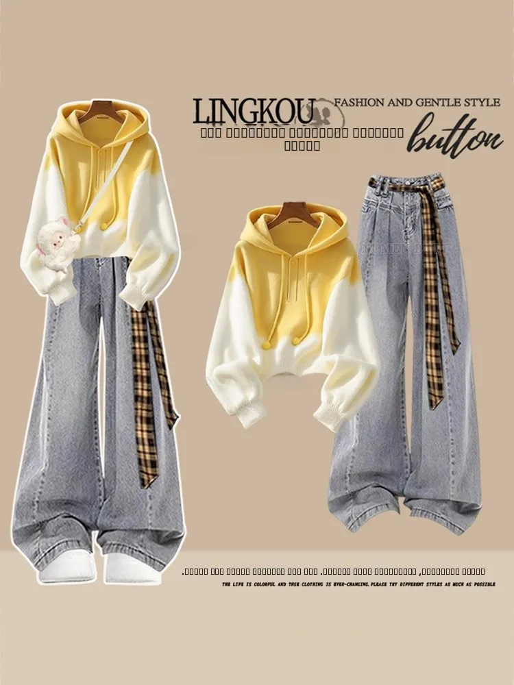 

Faionable осенний комплект больших размеров, женская высококачественная цветная блузка с капюшоном, утягивающие винтажные джинсы, комплект из двух предметов, повседневный свободный крой