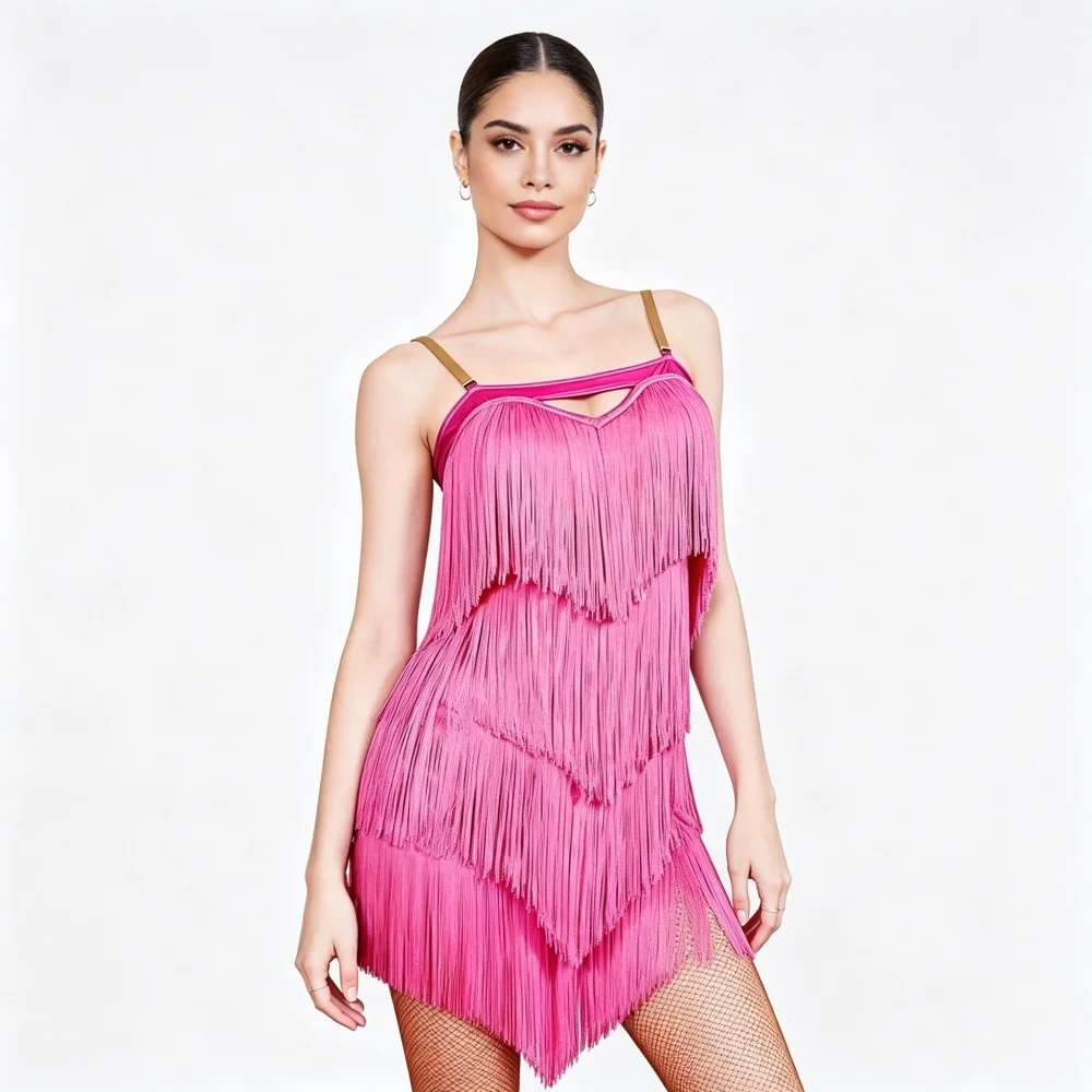 Women Spaghetti Strap Fringed Dance Dress Latin Salsa Rumba Performance Outfit Party Evening Costume