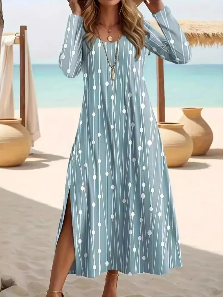 

Women's V Neck Slit Dress Spotted Textured Print Autumn Long Sleeve Loose Long Dress Hawaiian Vacation Wear Fashion Streetwear