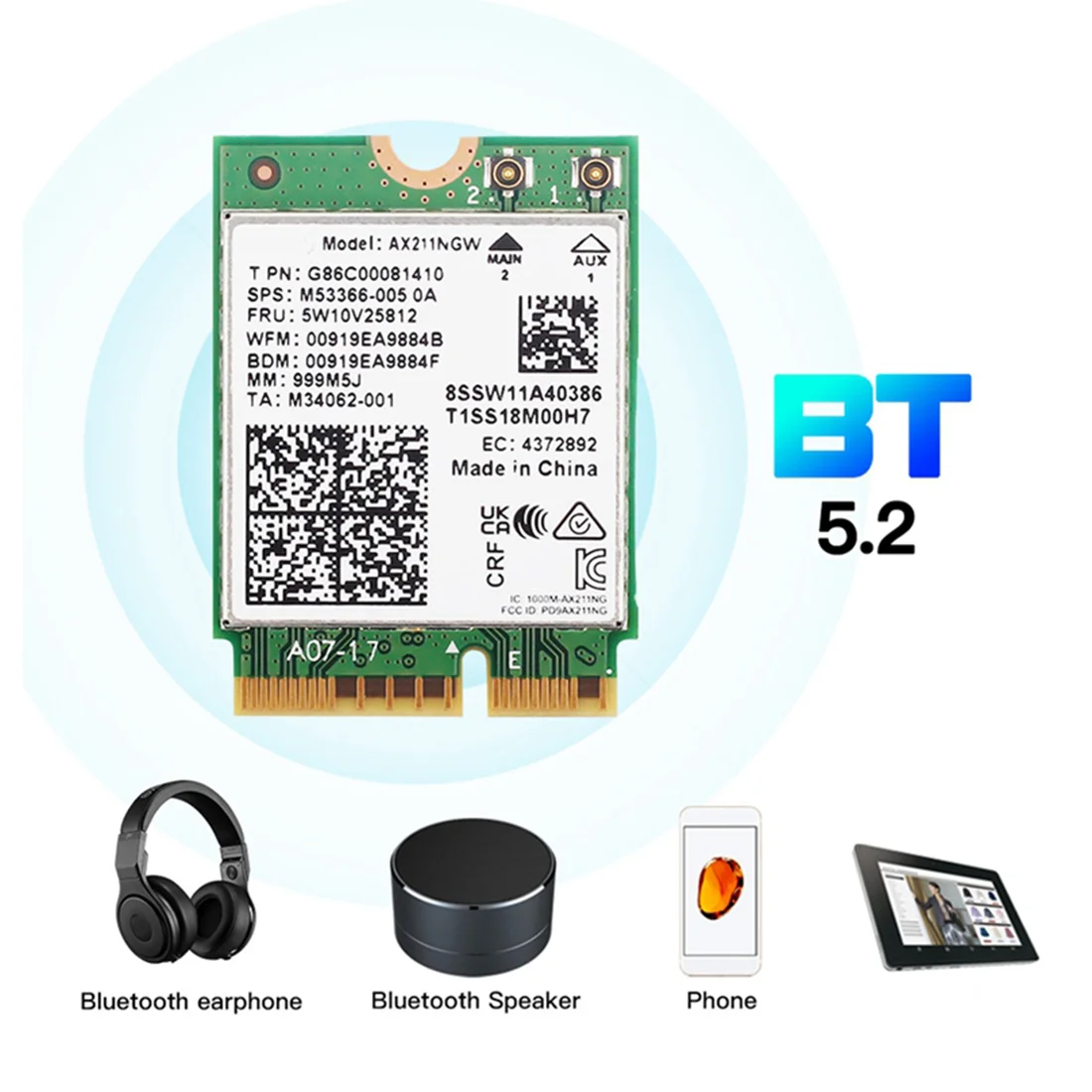 شبكة ثلاثية الموجات بطاقة واي فاي لاسلكية ، واي فاي 6E ، AX211NGW ، G ، 5G ، 6Ghz ، بلوتوث ، AX211 ، M.2 KeyE ، CNVio ، Windows 10