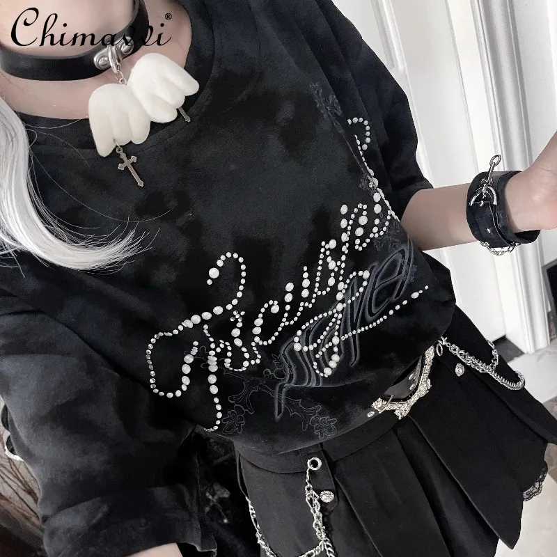 

Original Beaded Print Short Sleeve Round Neck Casual T-Shirt 2025 Japanese New Punk Style Dark Girl Loose Cool Tee Tops