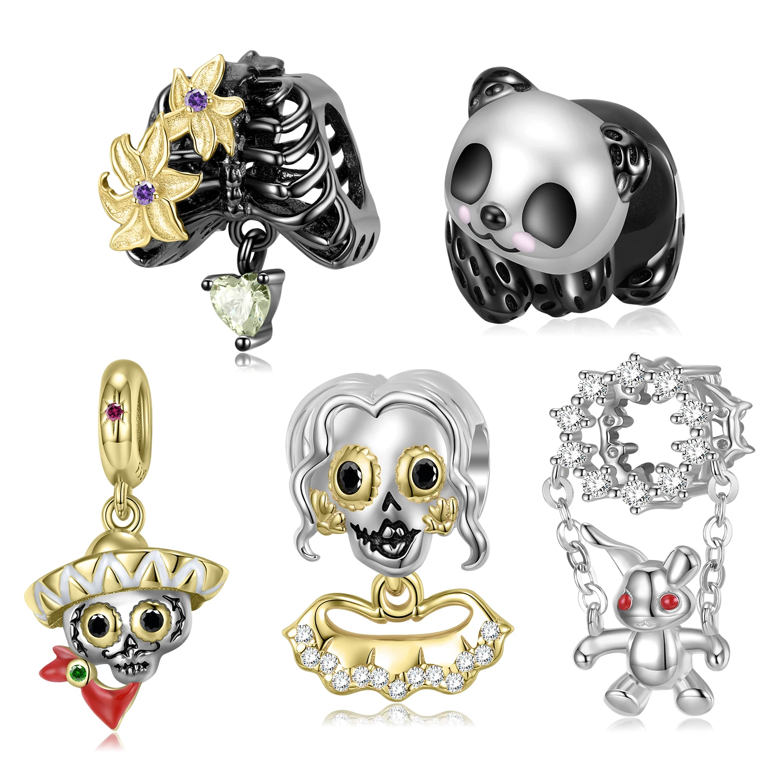 JIUHAO 925 Sterling Silver New Gifts Authentic Panda Skull Eye Animal Summer Pendant Bead for Women Charms for Bracelet Making