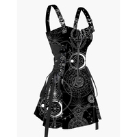 Dressfo 2024 Womens Summer Dresses Lace Up Half Zipper Mini Dress Allover Geo Print Buckle Strap Tank Dress Black Dresses