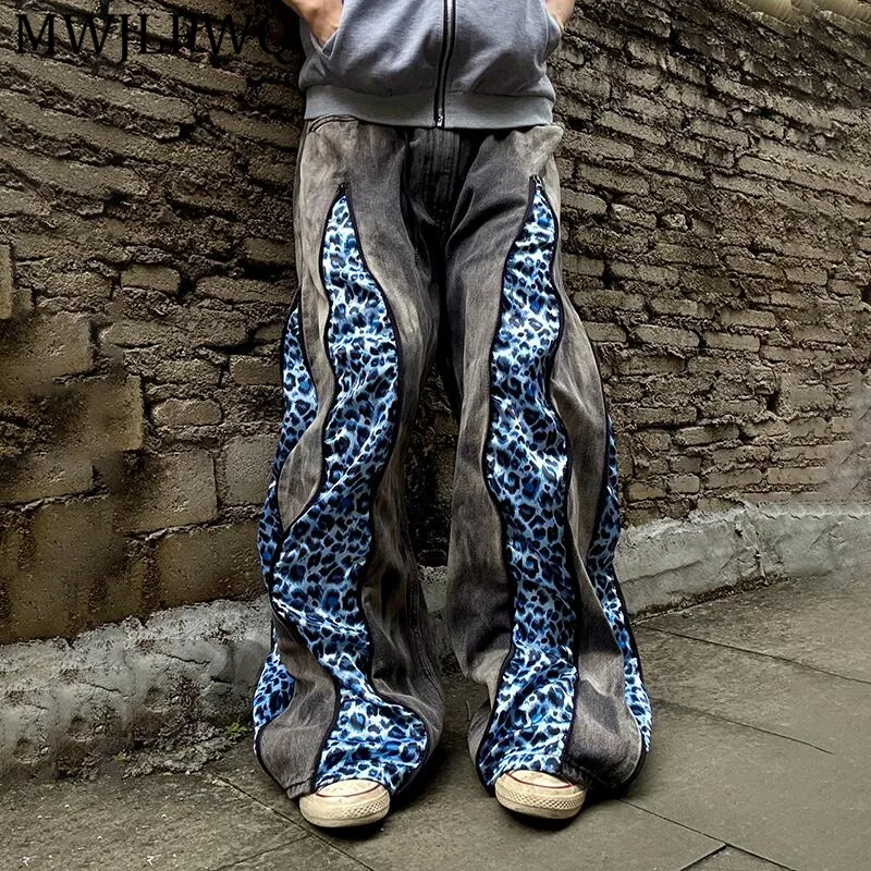 MWJLPWQ Tie-Dye Leopard Print Patchwork Jeans Men's Niche Streetwear Hiphop Baggy Casual Wide Leg Pants 2026 Autumn New 16652