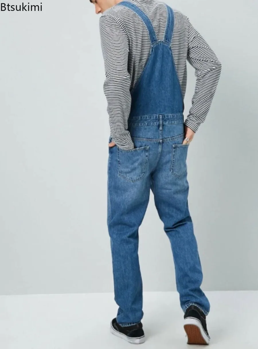 Macacão jeans de bolso múltiplo masculino, costura de botões, jeans com cinta de espaguete, macacão reto retrô, macacão casual, moda, 2024