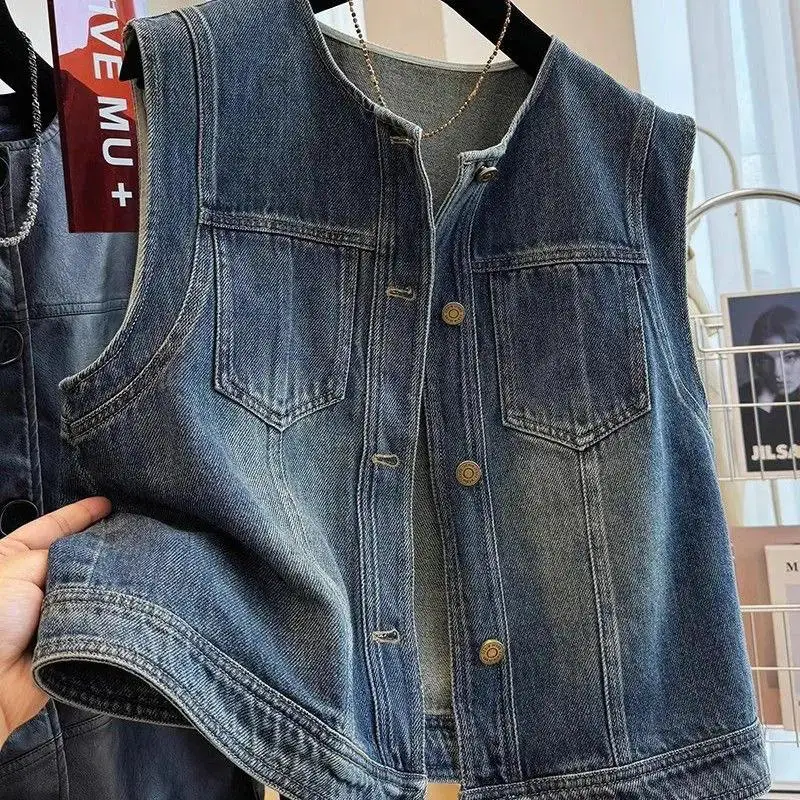 Women's round Neck Denim Vest 2024 Autumn New European High Quality Ultra Beautiful Sleeveless Outerwear Vest Tank Top