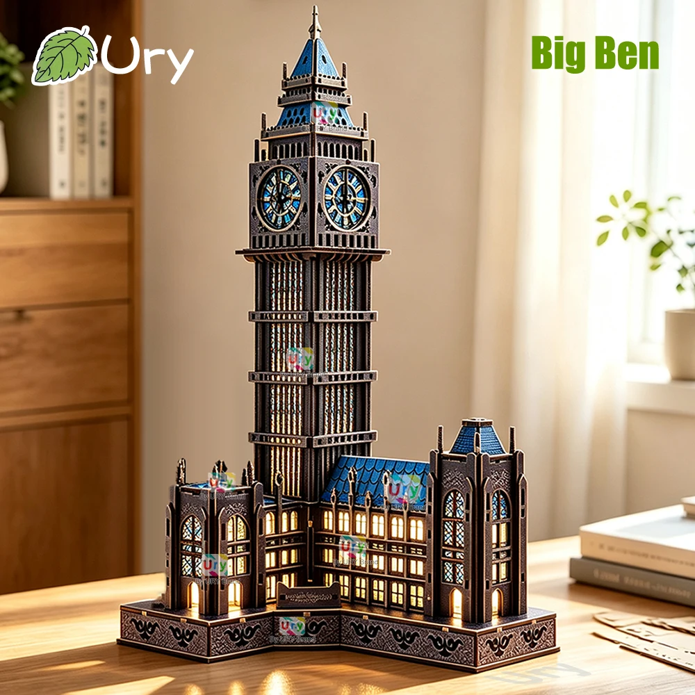 Ury 3D Wooden Puzzle Big Ben Model Kits with LED Light Famous European British Classic Building DIY Birthday Gift Festive Gift