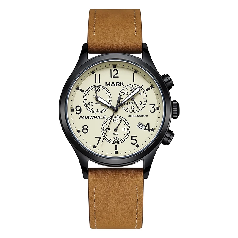 

MARK FAIRWHALE FW-5081 Chronograph Quartz Watch for Men 43mm Metal Case 30M Waterproof Leather Strap Wristwatch