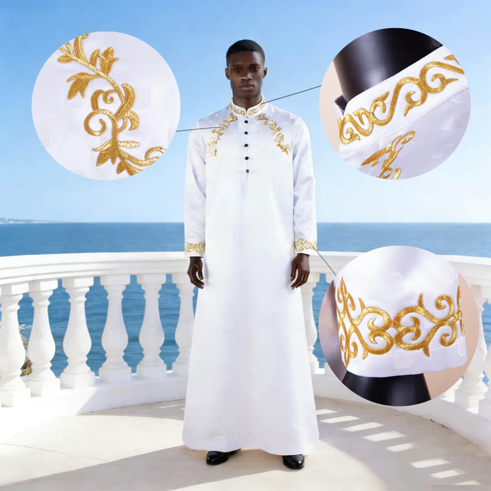 APTX Robe for Men Muslim Fashion Jubba Thobe Single Breasted Loose Embroidery Outfits Casual Wedding Church Wear T2014007