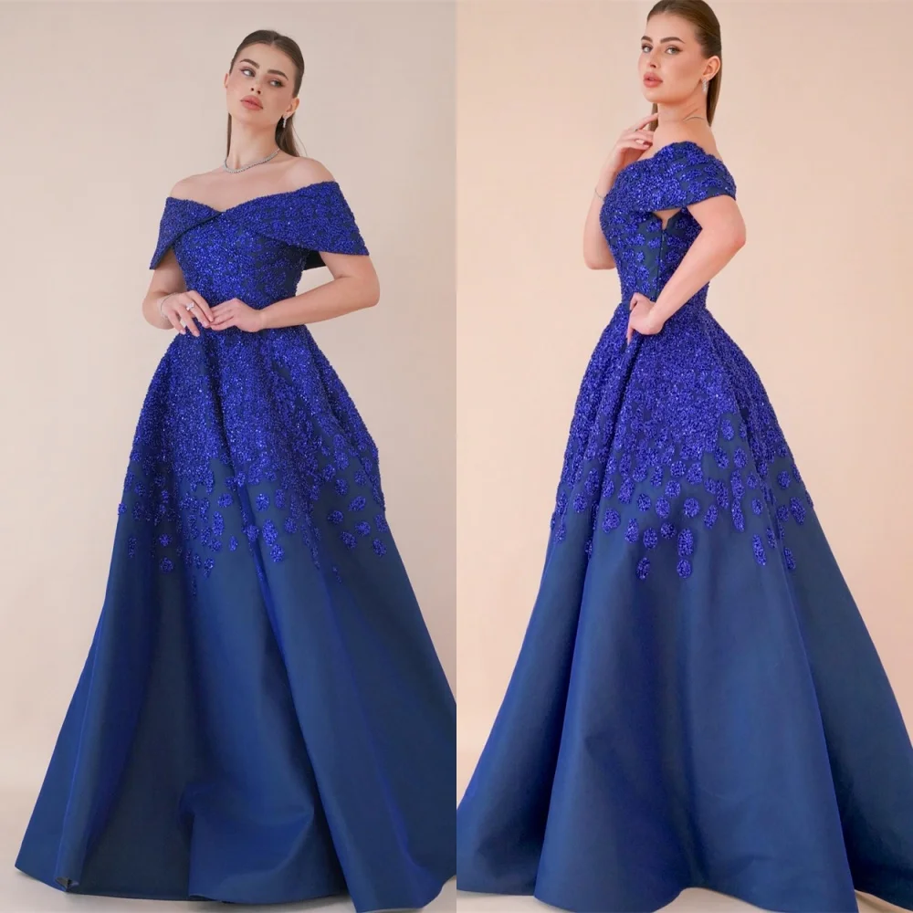 

Customized Luxury Blue Satin Evening Dresses Exquisite Off the Shoulder Homecoming Dresses Fashion Sweep Train Prom Dress