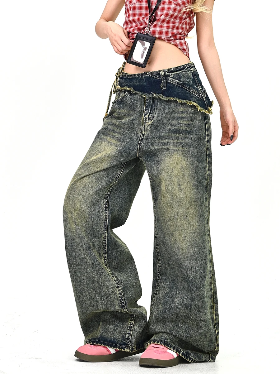 

Trouble-Free Mud-Dyed Belted Floor-Length Jeans Women's Spring 2026 New Loose BF Sle Casual Pants l Waist Zipper Closure