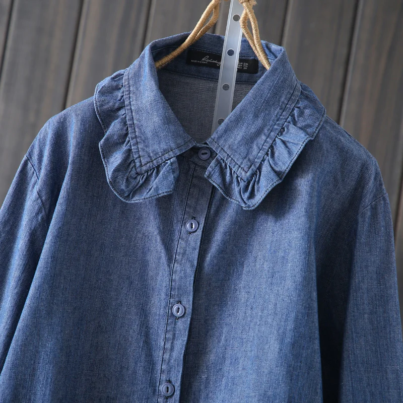 قميص دينيم نسائي بأكمام طويلة لفصلي الربيع والخريف، مقاس كبير، ياقة مطوية، أزرار أمامية، طبقة أساسية، قميص عصري، توب أنيق من ...