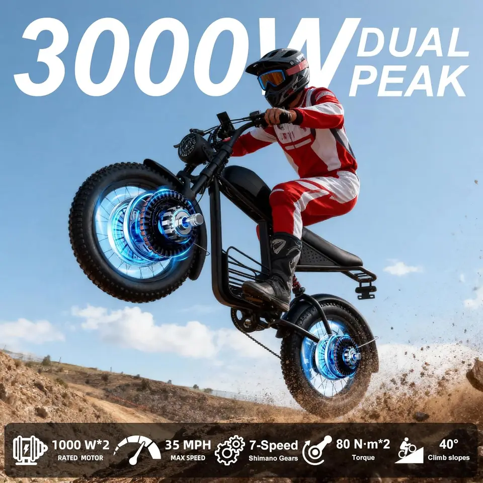 Electric Bike for Adults, 48V1600W/3000W Dual Peak Motor, 35-38 mph Top Speed, Max 50-60Miles,20"×4.0" Fat Tires, 7-Speed Shiman image 4