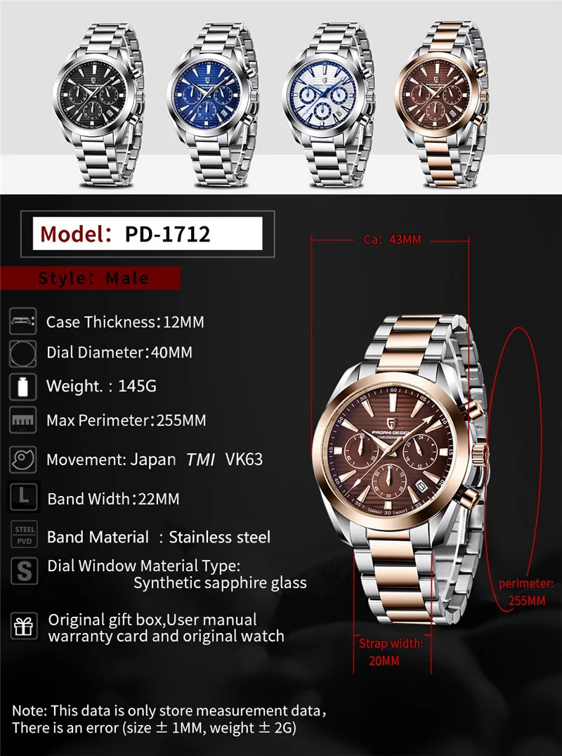 PAGANI DESIGN Top Brand Luxury Male Wristwatch Military Original VK63 Quartz Men Watch Chronograph Sport Waterproof Clock 1712