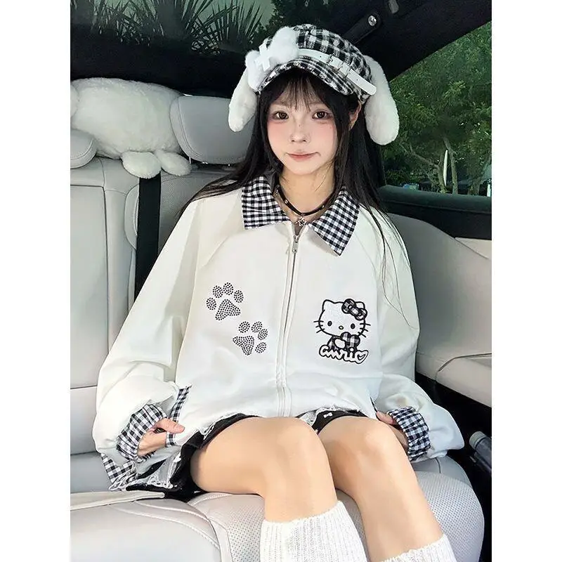 

Женская куртка Sanrio Hello Kitty, осенняя, из хлопка, в клетку, с отложным воротником, имитация двухслойного кроя, в американском ретро-стиле, свободного кроя, в японском стиле