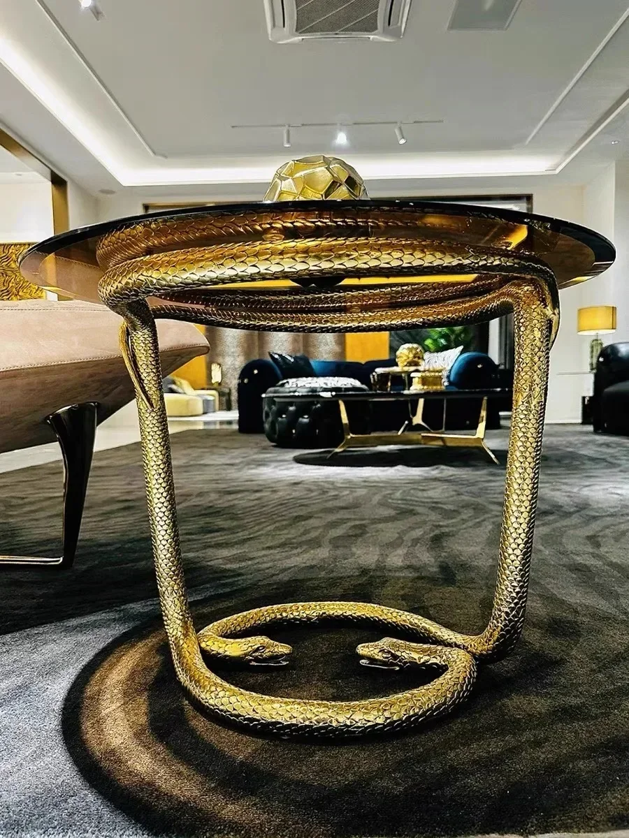 TAO Light Luxury Pure Copper Snake Head Living Room Modern Creative Tempered Glass Corner Table