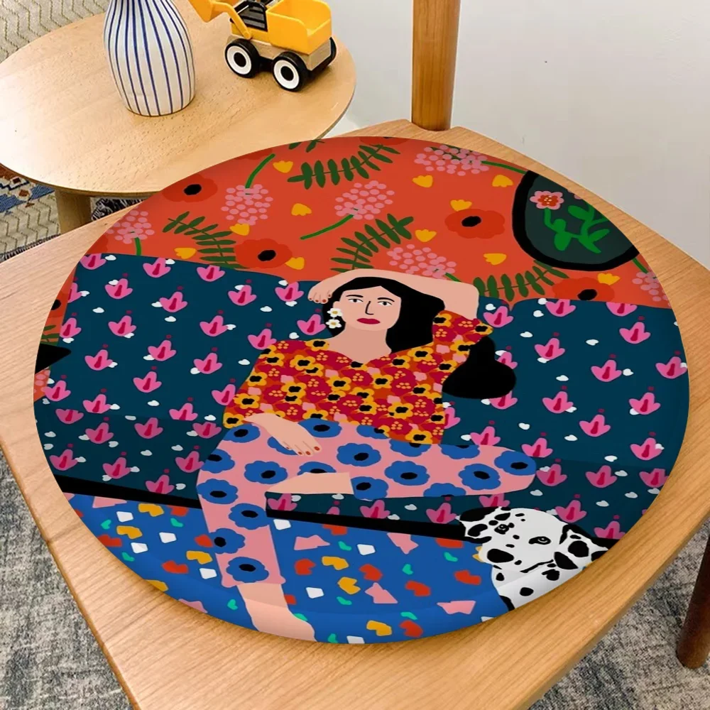 Girl Relaxing Green plants Print Cushion Mat Round Chair Mat Soft Pad Seat Cushion For Dining Patio Home Office Indoor Outdoor