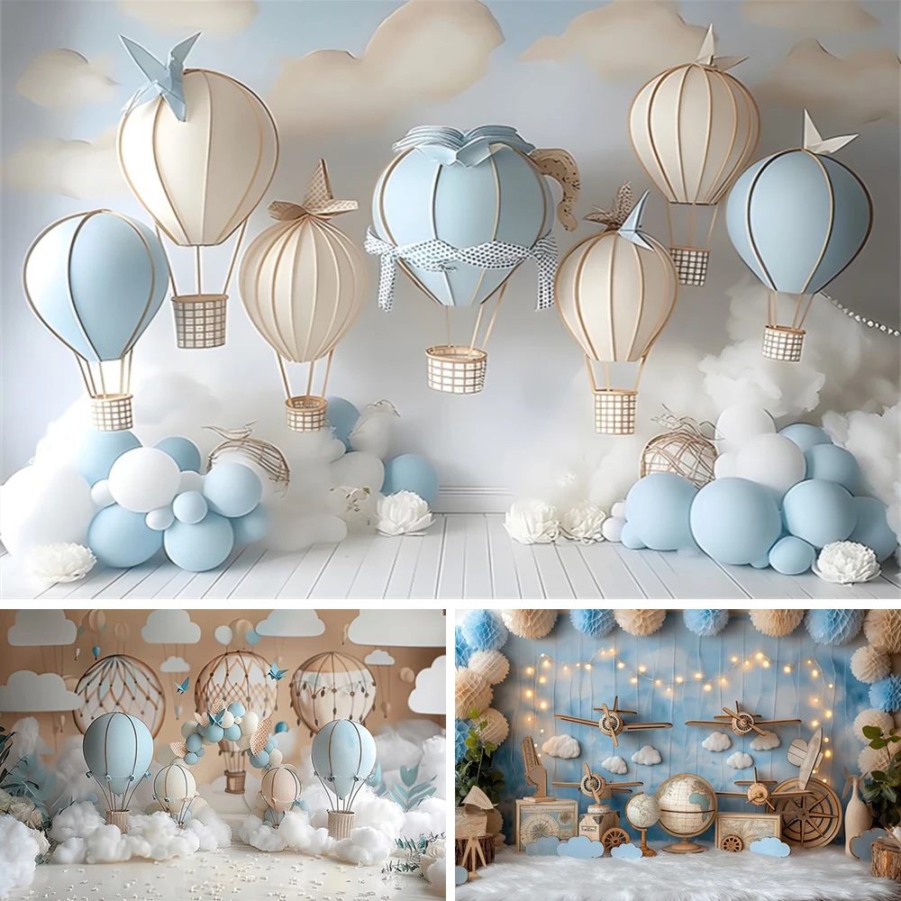 الأزرق منطاد الهواء الساخن عيد ميلاد خلفية طائرة بالون قوس تيدي بير استحمام الطفل التصوير خلفية صور استوديو الدعائم