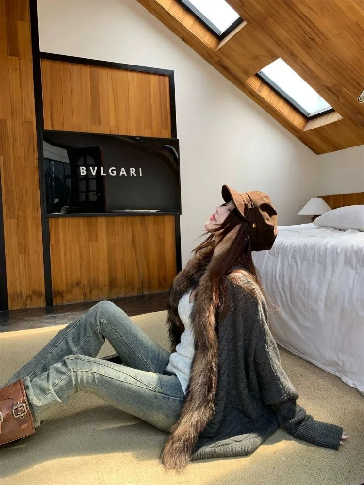 

Ezgaga Knitted Sweater Women Long Sleeve 2025 Autumn Winter Loose Elegant Cardigan Furry Patchwork Fashion Vintage Female