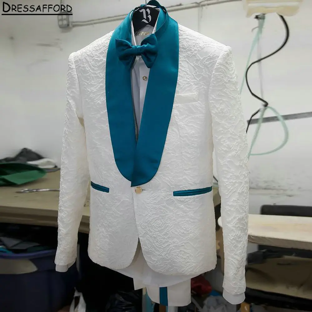 Ternos masculinos de jacquard branco para casamento, smoking, 2 peças, jaqueta, calças, blazers de baile, personalizados