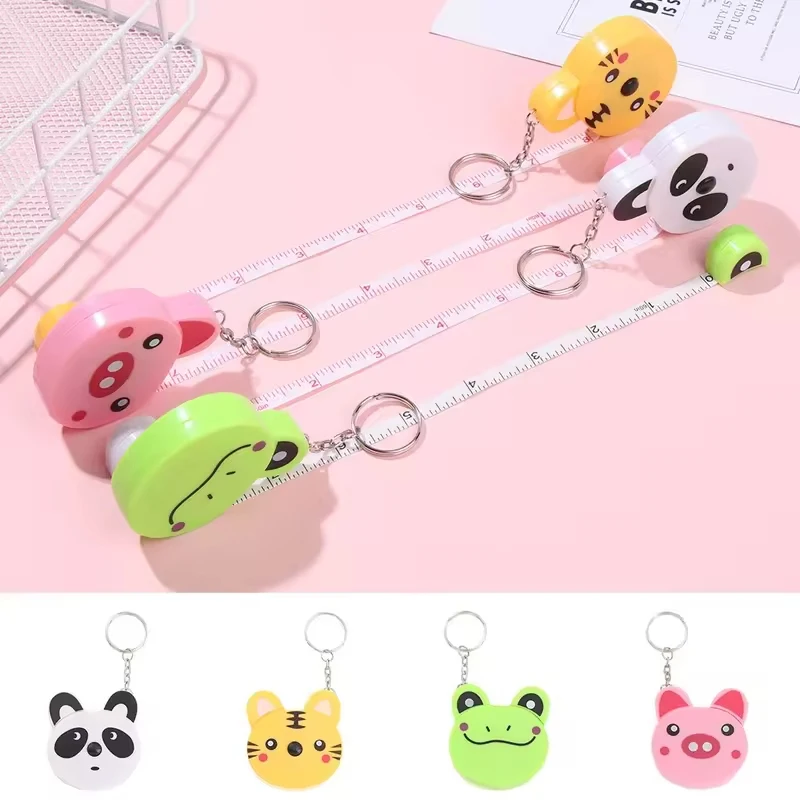 Cute Cartoon Animal Retractable Mini Tape Measure Keychain, Panda Pig Frog Tiger Portable Soft Measuring Ruler, Kids Stationery