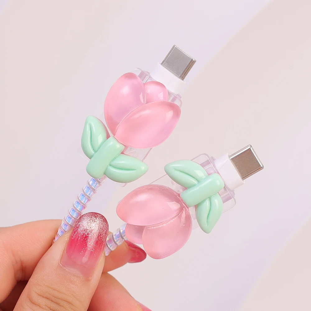 New Clear Cartoon Tulip Charger Cover Data Cable TPU Spiral Protector Kit For 18W 20W Apple Chargers Plug Protective Case