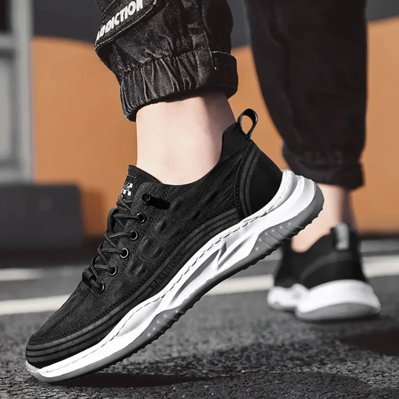 

Мужская повседневная спортивная обувь на плоской подошве с низким берцем и круглым носком на шнуровке с цветными блоками, весенне-осенняя спортивная обувь из дышащей сетки и эластичной ткани