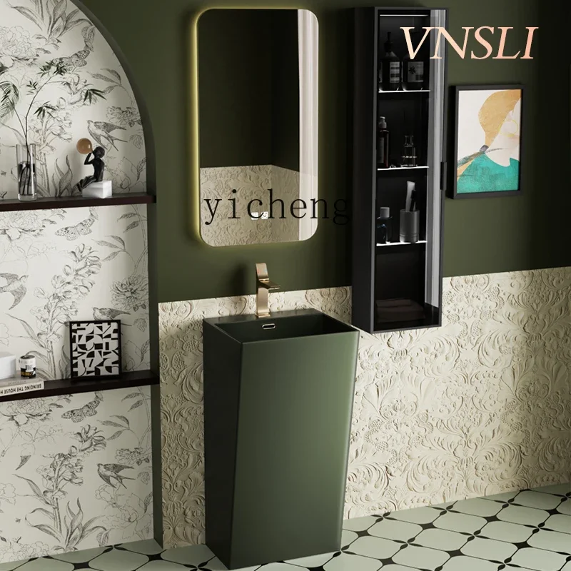 DSA  olive green column basin, bathroom integrated ceramic washbasin, European retro wind floor-to-ceiling washbasin