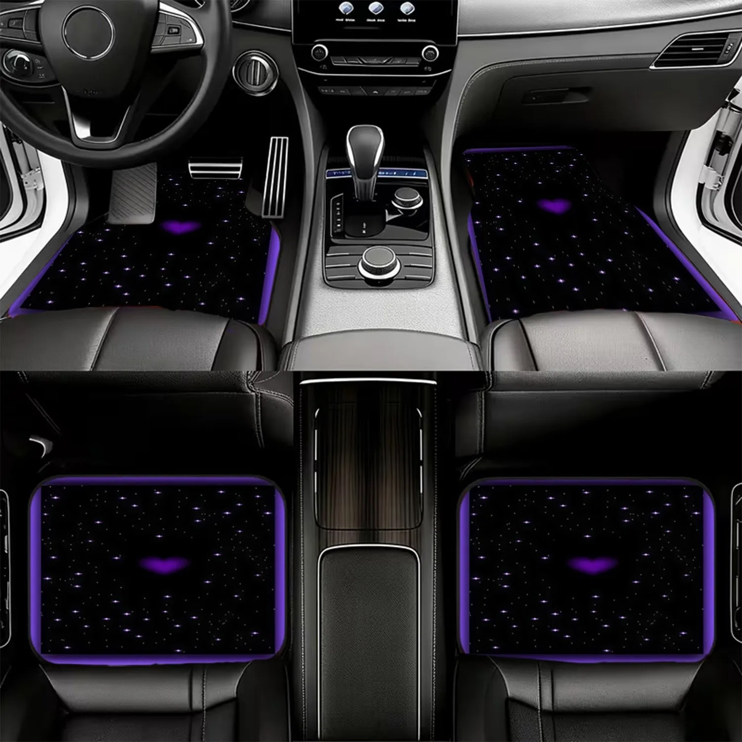 A Set Of Four Car Floor Mats Featuring A Purple Design With Stars And Hearts, Made From Polyester, Suitable For Any Car Interior