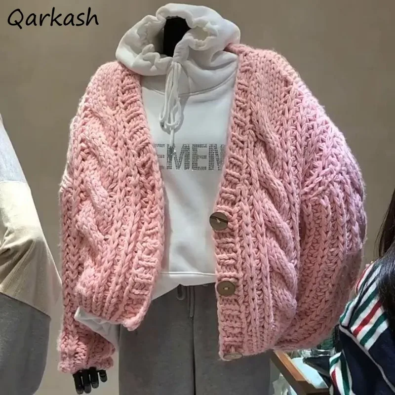 Chic Coarse Yarn Knitted Cardigan Women Sweet Young Fashion All-match Coats Girls Loose Leisure Solid Simple Soft Overcoats Ins