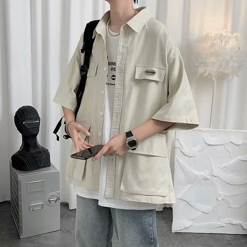 Shirts for Men with Pocket Cargo Man Shirt Loose Korean Style Casual Asia Cool Hipster Original Half Sleeve Normal Collar I Xxl