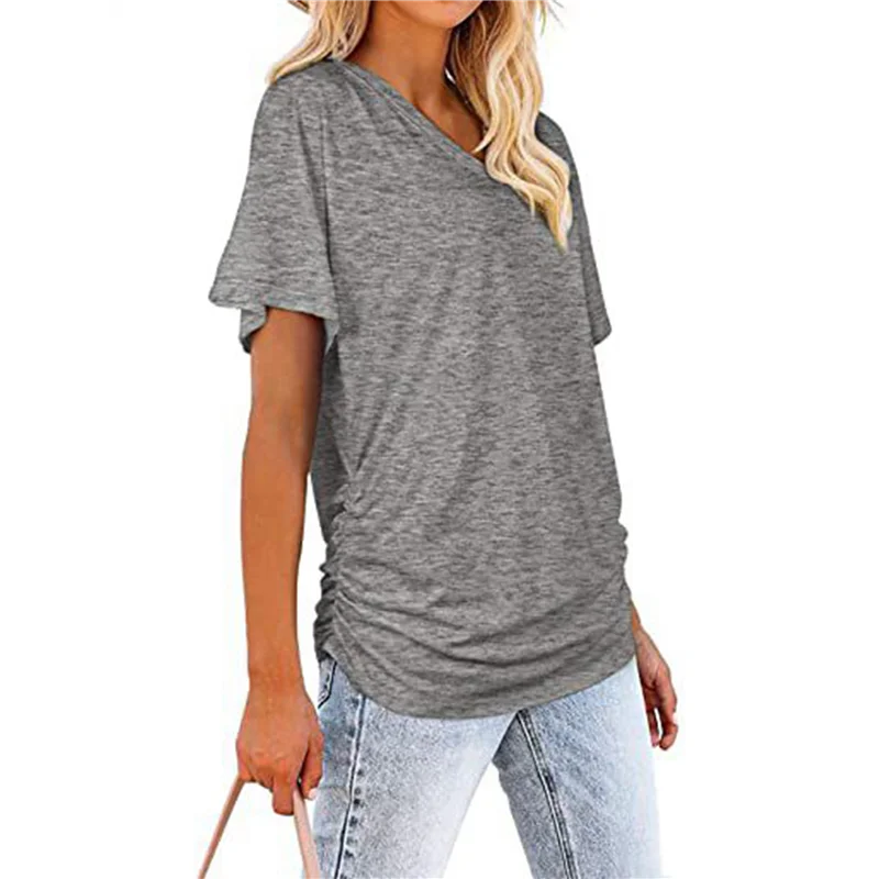 

CGS-Женские топы с короткими рукавами и V-образным вырезом, свободные рубашки с боковой гофрировкой