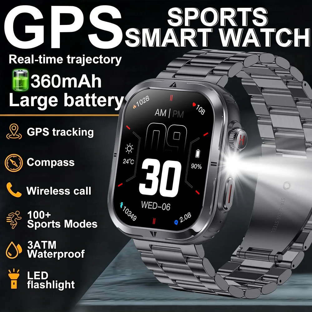 2026 NEW 2.01-inch Outdoor Military Smart Watch 3ATM Waterproof Bulit-in GPS Compass Altimeter Barometric HD Call Smartwatch Men