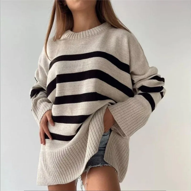 Women'sKnitted Sweater 2025Spring and Autumn New Style Casual Striped Loose Round Neck Hooded Sweater Coat European and American