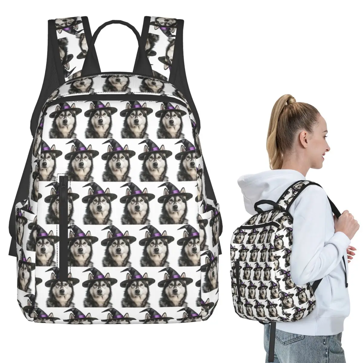 

Alaskan Malamute Dog Wearing Halloween Witch Hat Backpack Student BookBag Children School Bag Laptop Shoulder Bags Boys Girls