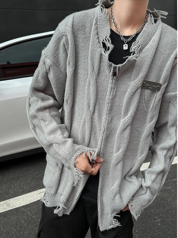 

Серый кардиган-свитер с эффектом потертости для мужчин: весенне-осенняя вязаная верхняя одежда в стиле High Street Hiphop, создающая ощущение роскоши и стиля