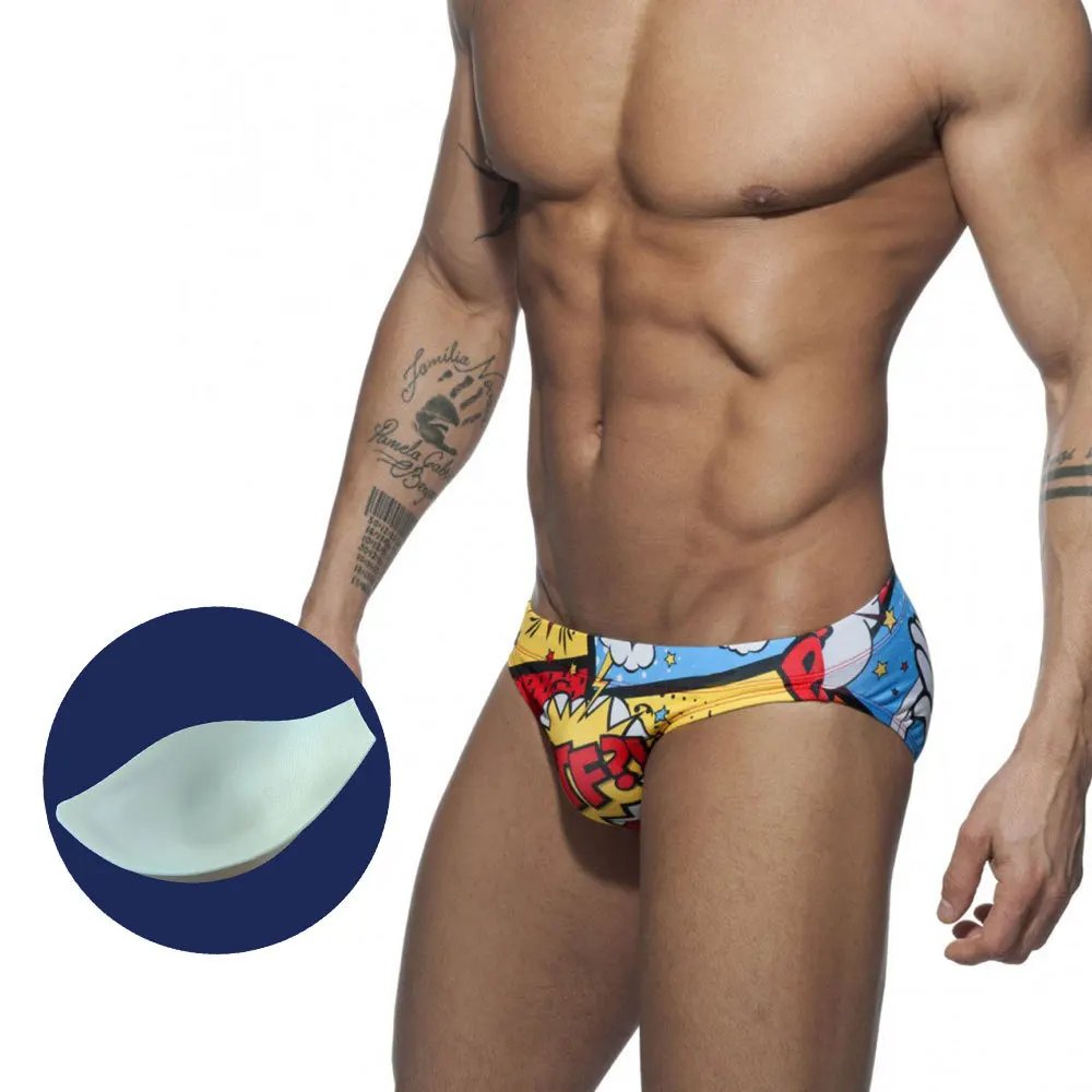 European and American trend fun text cartoon printed triangle swimming trunks with cup swimming beach shorts UHX052-1