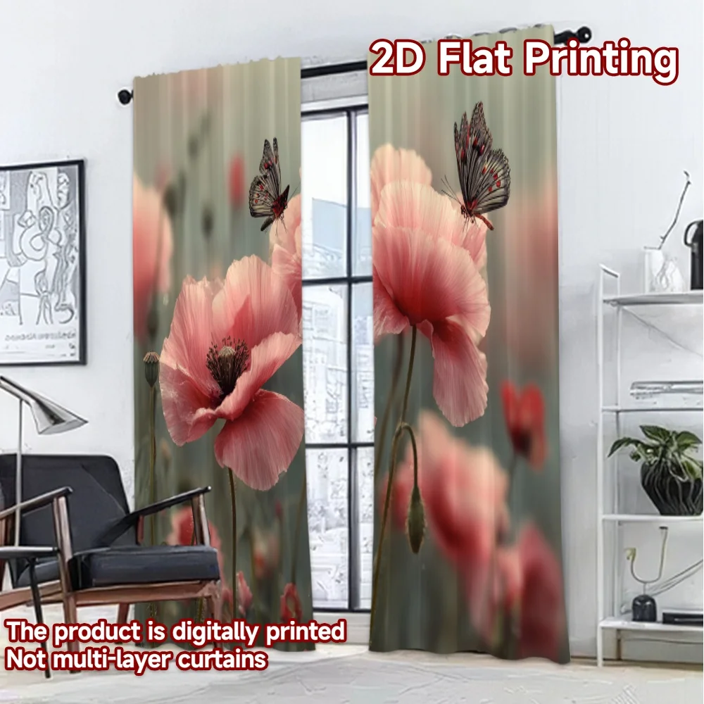 2D FLAT PRINTING 2pcs Curtains (Without Rod) Spring Flowers and Butterflies Chic Light Filtering Curtains Versatile Polyester